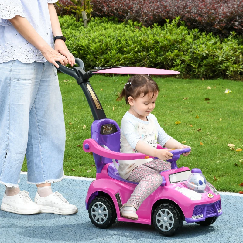 Qaba 3 in 1 Push Car Sliding Car with Removable Handle, Music, Horn, Canopy, Safety Guardrail, Pink