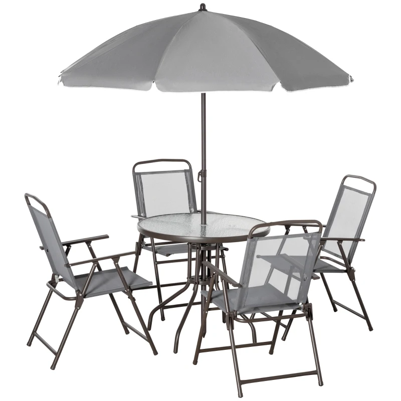 Outsunny 6 Piece Patio Dining Set for 4 with Umbrella, with 4 Folding Dining Chairs & Round Glass Table for Garden, Gray