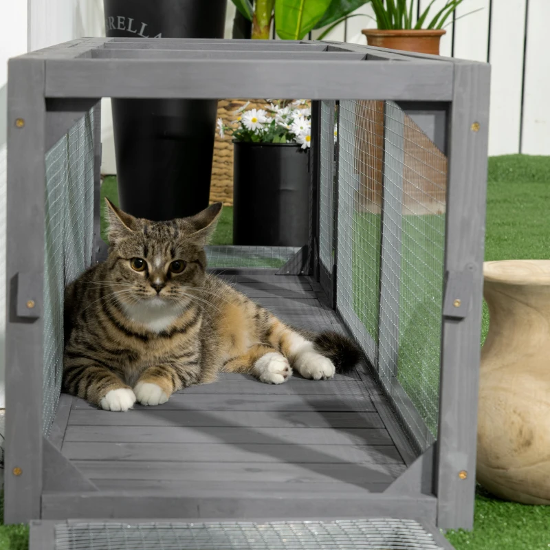 PawHut Outdoor Cat Tunnel with Extendable Design, 59" L Wooden Cat Run with Weather Protection, Connecting Inside and Outside, for Deck Patios, Balconies, Gray