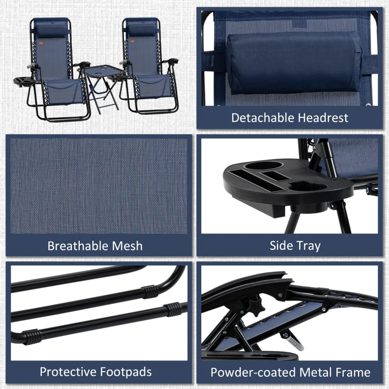 Outsunny Zero Gravity Chair Set of 2 Patio Chair with Side Table Cupholders and Pillows for Pool, Backyard, Lawn, Beach, Blue