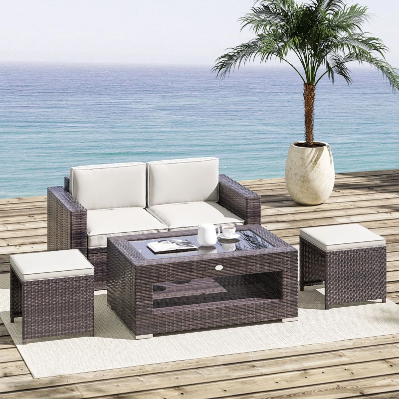 Outsunny 2-Tier Rattan Patio Coffee Table Outdoor Side Table PE Wicker Patio Garden Tea End Desk with Tempered Glass Top & Storage for Balcony, Backyard, Poolside