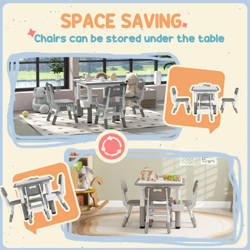 Qaba 5 Pieces Toddler Table and Chair Set, Height Adjustable Activity Table and Chair Set for Nursery Classroom, Grey