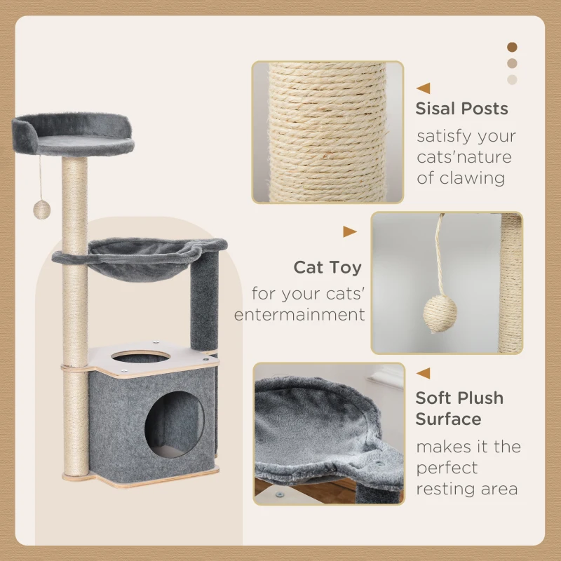 PawHut Cat Tree, Multi-Level Cat Tower with Cat Scratching Post, Perch, Cat Condo, Hammock, Hanging Toy Ball, Grey