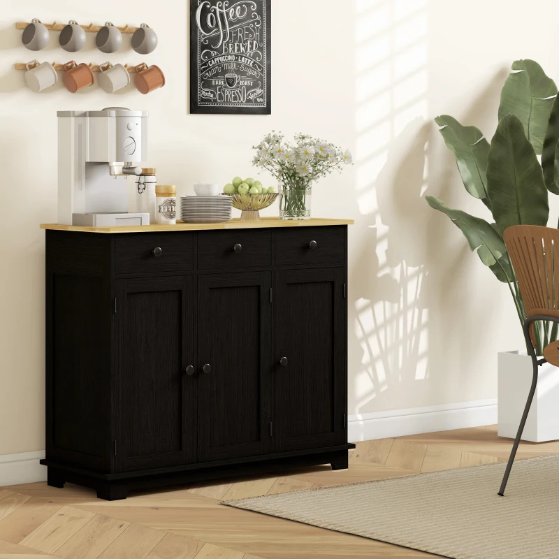 HOMCOM Kitchen Storage Cabinet, Sideboard Floor Cupboard with Solid Wood Top, Adjustable Shelf, and 3 Drawers, Black Wood Grain
