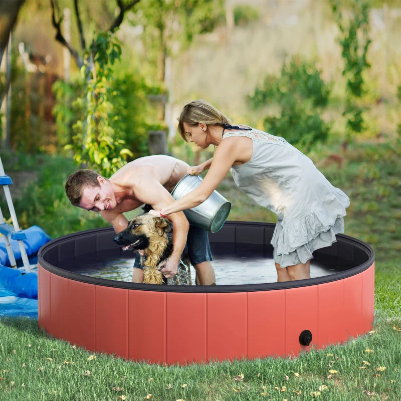 PawHut Folding Dog Pool Portable Pet Kiddie Swimming Pool, Outdoor/Indoor Puppy Bath Tub with Nonslip Bottom for Dogs & Cats,  (Φ55", Red)