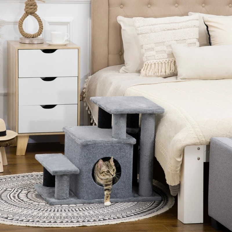 PawHut Adjustable Height 3 Step/4 Step Cat Stairs with Cat Scratching Post, Cat Condo, Toy Ball, for Bed, Sofa, Couch, Gray
