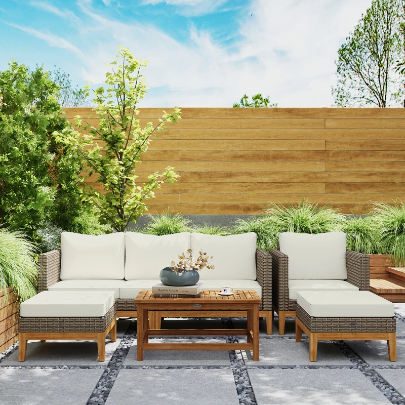 Outsunny Patio Furniture Set w/ Cushions, 5 PCs PE Rattan Conversation Furniture Set, Cream White