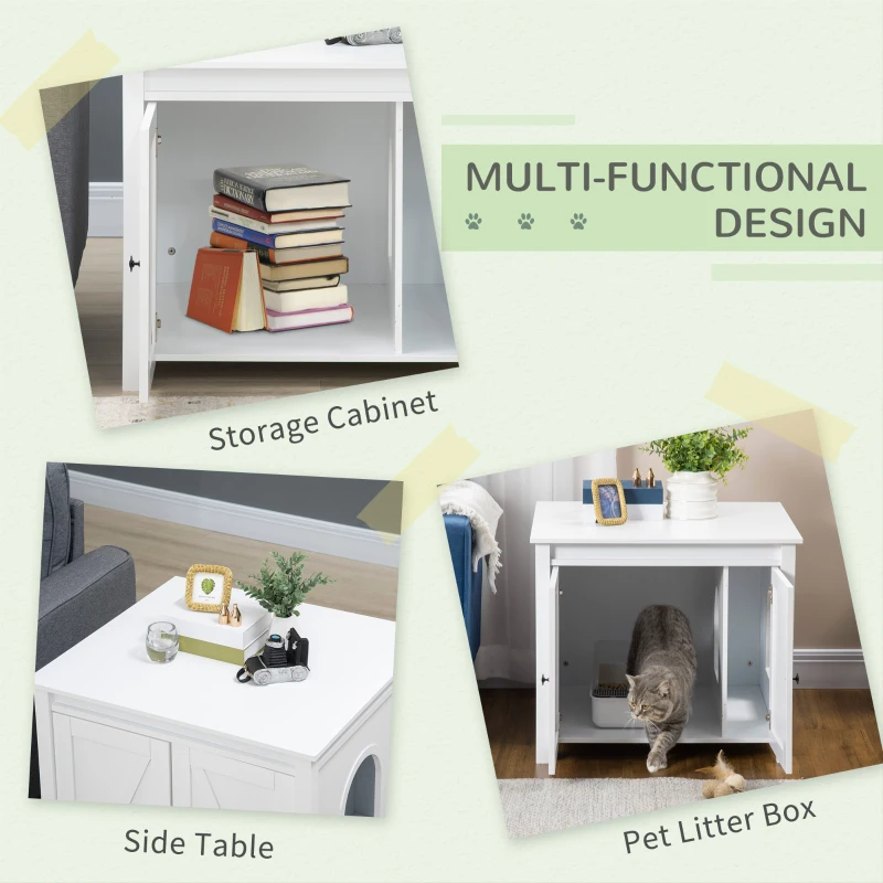 PawHut Cat Litter Box Enclosure with Openable Top, Cat Washroom Storage Side Table with Double Doors, Zinc Alloy Handles, for Indoor Use, White