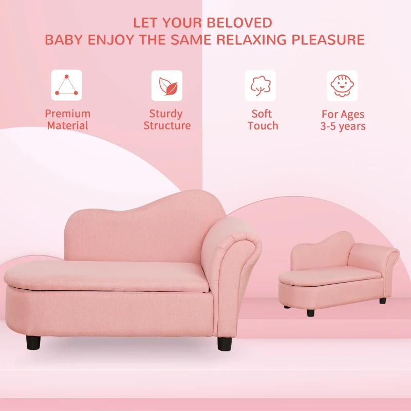 Qaba Kids Sofa, Toddler Couch with Storage Compartment, Children Chaise Lounge, Armrest Chair for Preschool for Kids Room, Kindergarten, Eucalyptus Wood, Pink