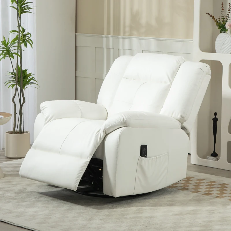 HOMCOM 8-Point Vibration Massage Recliner Chair, PU Leather Manual Reclining Sofa, Swivel Nursery Rocking Chair with Remote Control, Side Pockets, for Living Room, Cream White