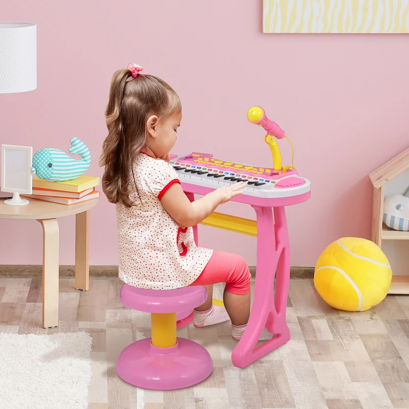 Qaba Kids Toy Keyboard Piano Toddler Electronic Instrument with Stool, Microphone and Bright Flashlight for Children Birth Gift, Pink