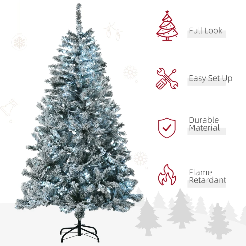 HOMCOM 6' Prelit Artificial Flocked Christmas Trees, with Snow Frosted Branches, Cold White LED Lights, Auto Open