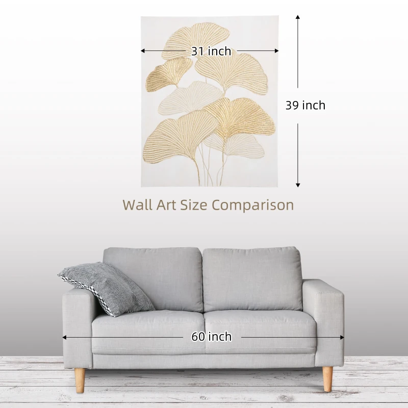 HOMCOM Hand-Painted Canvas Wall Art for Living Room Bedroom, Painting Gold Ginkgo Leaves, 39.25" x 31.5"