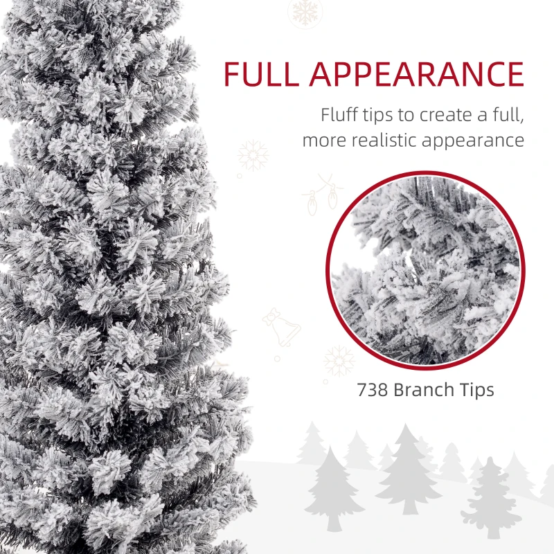 HOMCOM 7.5ft Flocked Christmas Tree, Pencil Christmas Tree with Realistic Branch Tips, Folding Metal Stand, Black