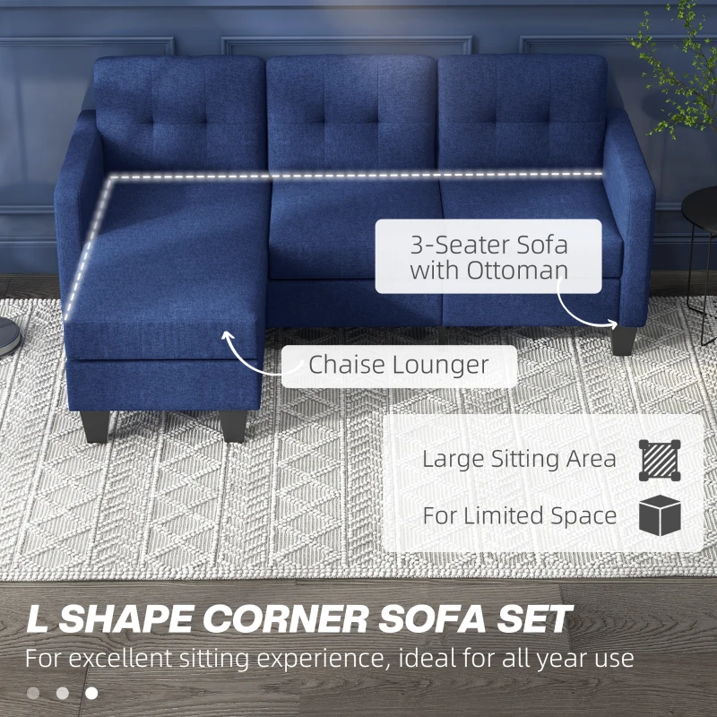 HOMCOM L-shaped Sofa, 3 Seater Sectional Couch with Ottoman, Corner Sofa with Thick Padded Cushion and Wood Legs, Dark Blue