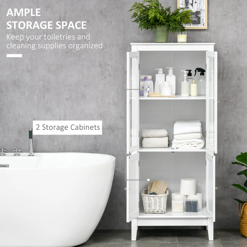 kleankin Bathroom Floor Cabinet with 2 Storage Cabinets, Tempered Glass Door, Freestanding Linen Tower with Adjustable Shelves for Living Room, White