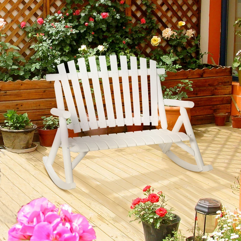 Outsunny Outdoor Wooden Rocking Chair, Double-Person Rustic Adirondack Rocker with Slatted Seat, High Backrest, Armrests for Patio, Garden and Porch, White