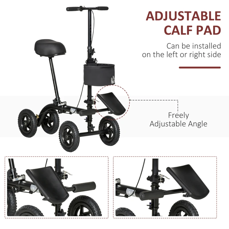 HOMCOM Seated Walker, Foldable Steerable Medical Scooter, Compact Crutch Alternative with Braking System and Storage Bag, Black