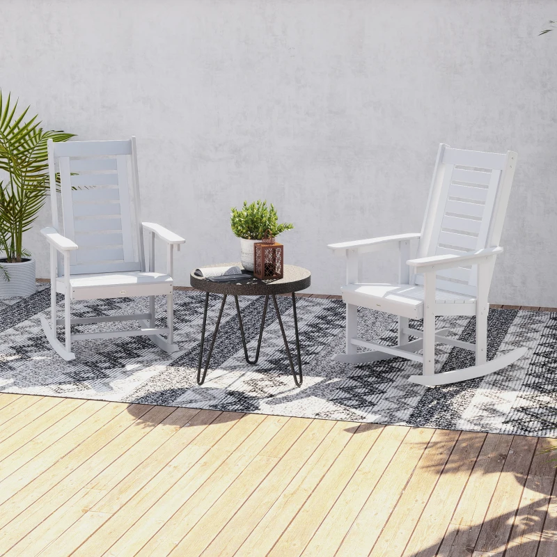 Outsunny 2 Pieces Outdoor Rocking Chairs, HDPE Patio Rockers with 28" High Back, Wide Armrests for Porch Backyard, White