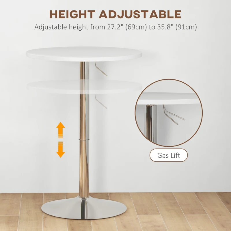 HOMCOM High Top Bar Table, Adjustable Round Kitchen Table with Swivel Top and Steel Base, Bistro Table for 2 People, White