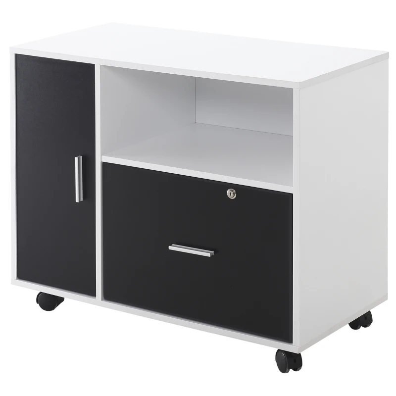 HOMCOM Lateral Filing Cabinet with Lockable Drawer and Open Storage Shelf for Hanging Legal, Letter Sized Files, Mobile Printer Stand for Home Office, Black and White