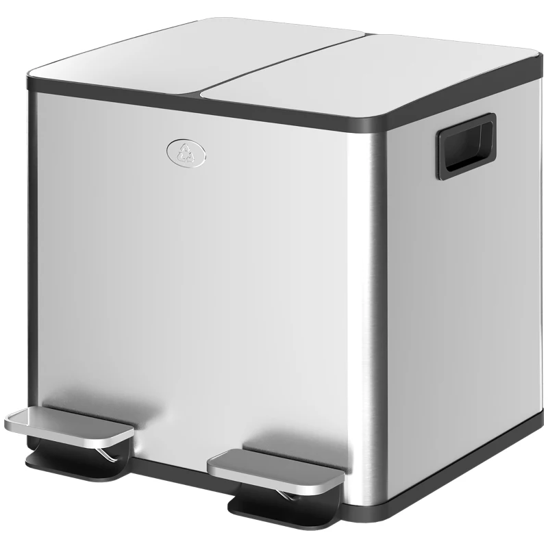 HOMCOM Dual Garbage Bin, Soft-Close Trash Can with Foot Pedal, 2 x 15 Liter Garbage Can with Removable Inner Buckets, Silver