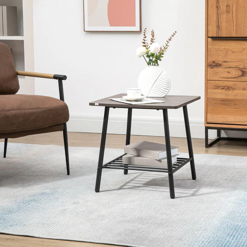 HOMCOM Square Side Table with Storage, 2-Tier End Table with Slat Shelf and Metal Frame for Living Room, Gray