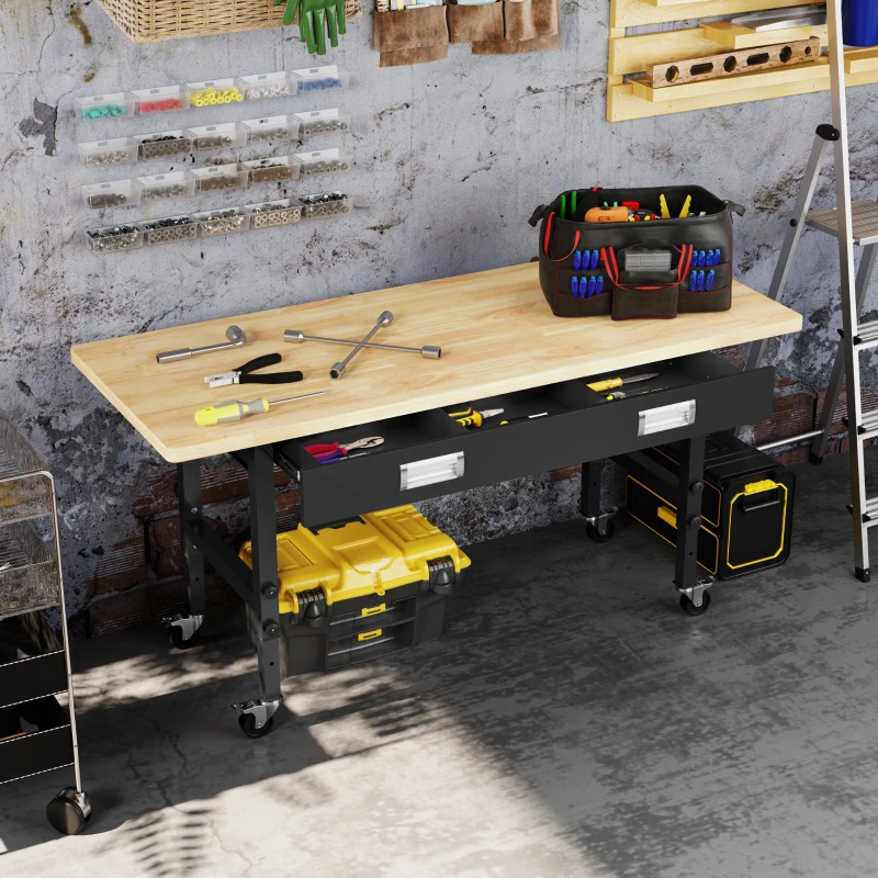 HOMCOM 59" Work Bench with Drawer, Height Adjustable Legs, Bamboo Tabletop Workstation Tool Table on Wheels for Garage, Weight Capacity 1320 Lbs, Black/Natural