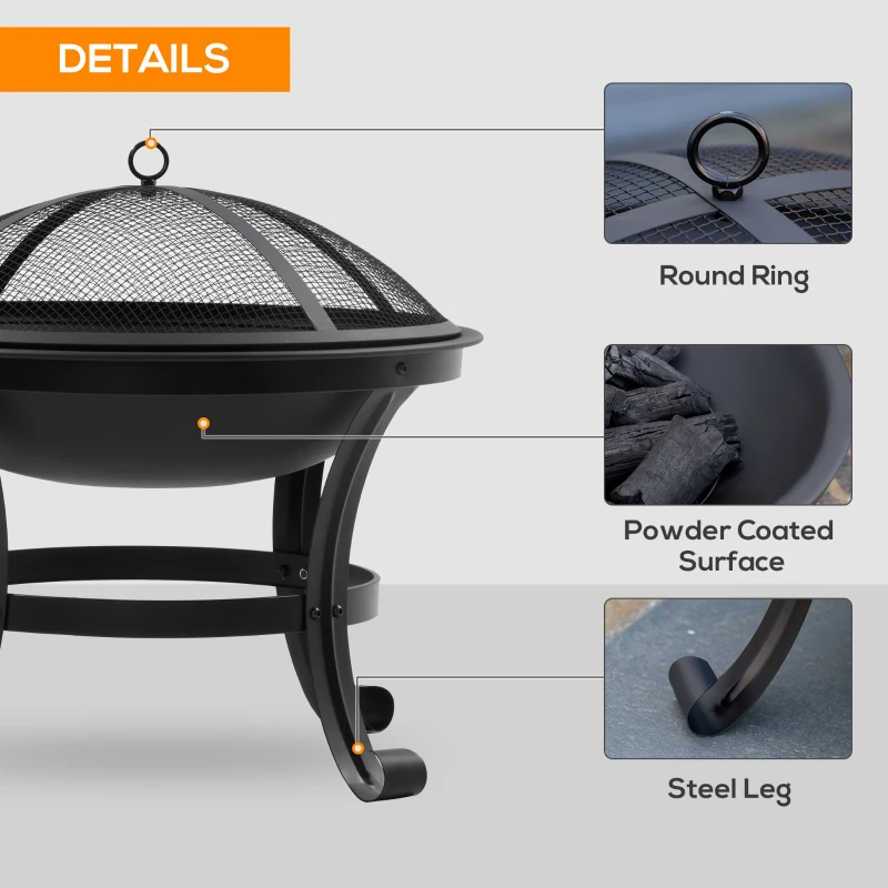 Outsunny Outdoor Fire Pit, Firepit with Mesh Lid, Poker, for Camping, Bonfire, Picnic, Black