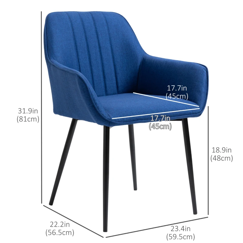 HOMCOM Dining Chairs Set of 2, Upholstered Linen Fabric Accent Chairs with Metal Legs, Dark Blue