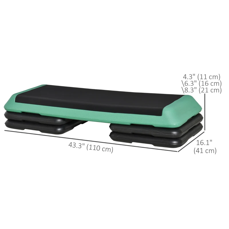 Soozier 43" Adjustable Aerobic Platform Stepper 3 Level with Risers 4” 6” 8” Cardio Fitness Trainer Workout Step Home Gym Exercise, Black Green