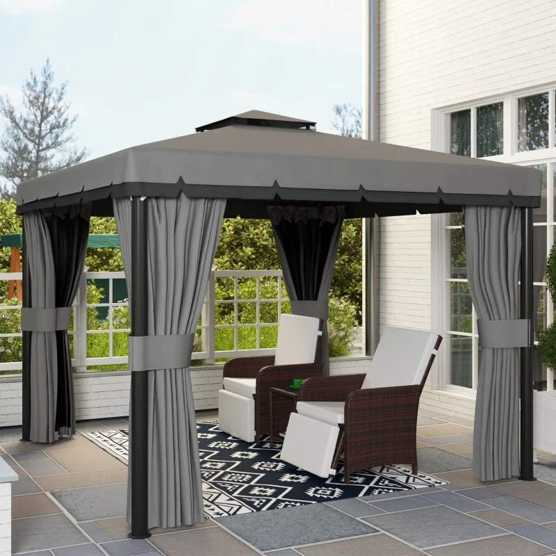 Outsunny 10' x 10' 2-Tier Outdoor Gazebo Canopy Tent with Zippered Mesh Sidewalls, Aluminum Frame for Patio, Backyard Light Grey