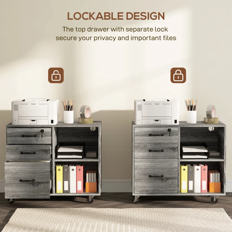 HOMCOM Mobile Printer Stand with Charging Station USB Ports Locking Filing Cabinet for A4 Letter Size Grey