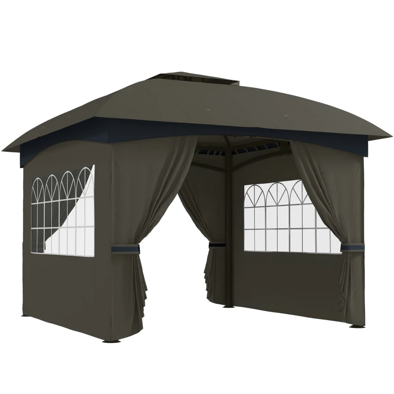 Outsunny 11' x 11' Outdoor Gazebo, Double Roof Patio Gazebo with Curtains, Church Windows, Galvanized Steel Frame, Dark Gray