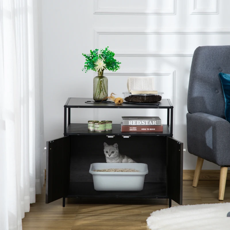 PawHut Wooden Cat Litter Box Enclosure, Hidden Kitten Washroom, Indoor End Table with Magnetic Doors & Storage Shelves, Black