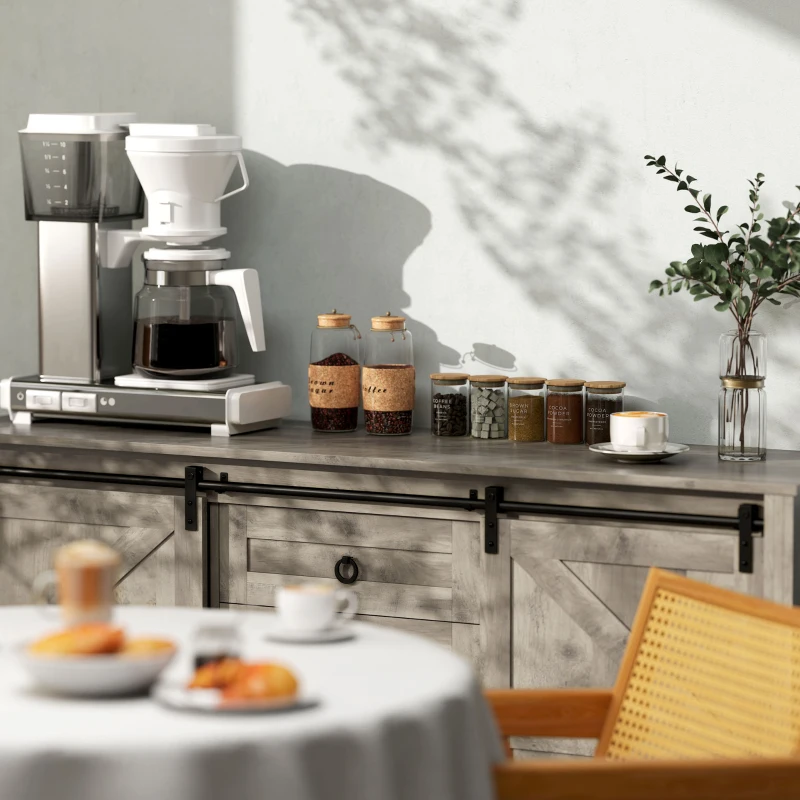 HOMCOM 60" Buffet Cabinet, Farmhouse Sideboard with Sliding Barn Doors, Drawers and Adjustable Shelves, Distressed Light Grey