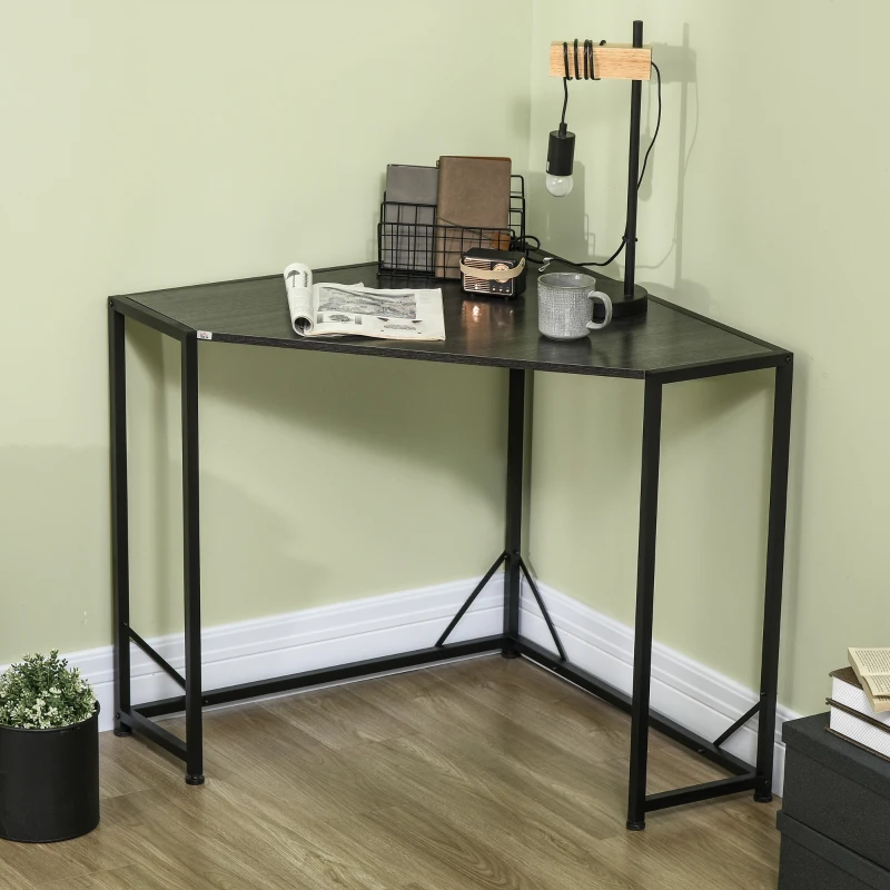 HOMCOM Space-Saving Corner Desk, Small Computer Desk with Metal Frame, Writing Desk for Home Office, Small Spaces, Gray