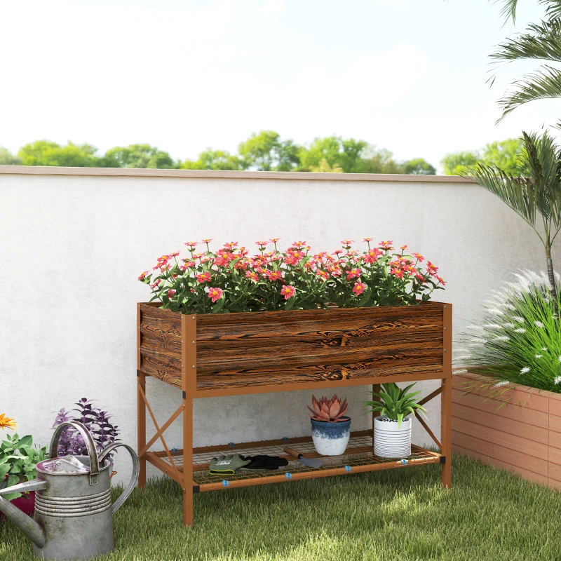 Outsunny Galvanized Raised Garden Bed, Metal Planter Box with Legs, Storage Shelf and Bed Liner, Dark Brown