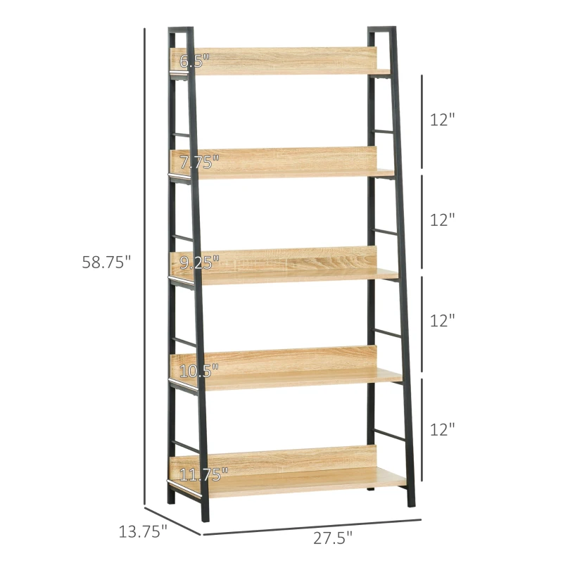 HOMCOM Modern Bookshelf Storage with 5-Tier Wide Shelving, Metal Frame, Wooden Bookcase for Living Room Library Home Furniture, Oak