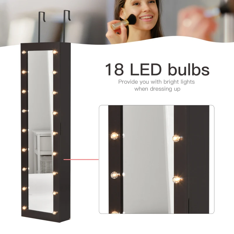 HOMCOM Jewelry Armoire with Mirror and 18 LED Lights, Wall-Mounted/Over-The-Door Cabinet with 3 Mountable Heights, Dark Walnut
