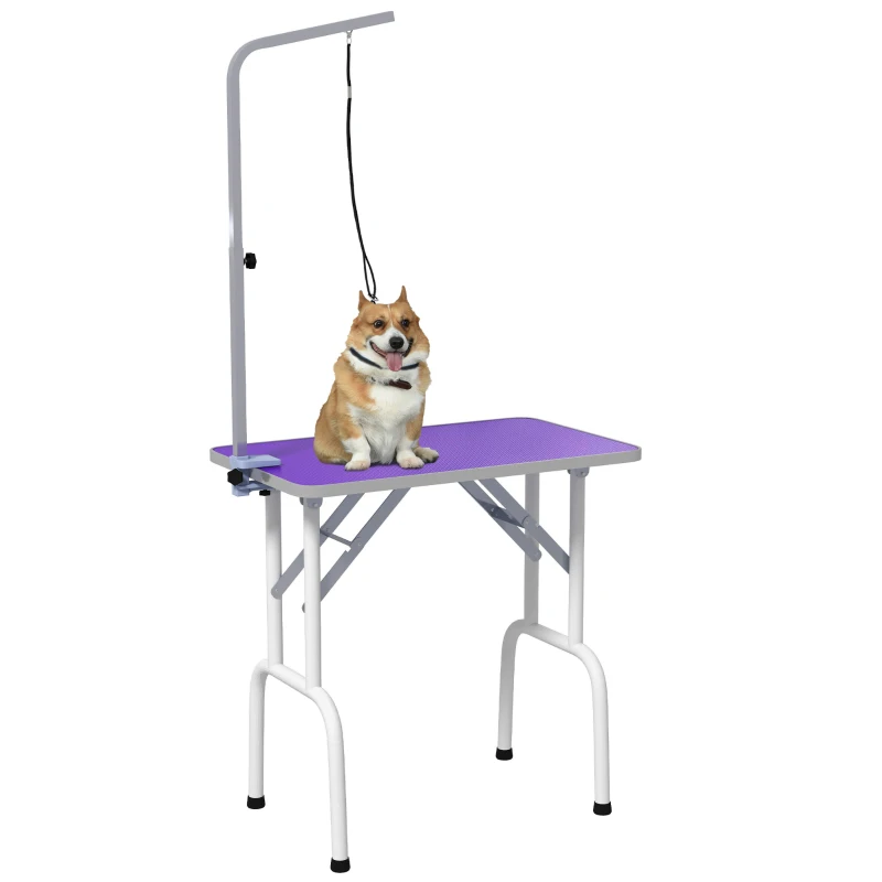 PawHut Foldable Pet Grooming Table for Dogs Cats with Adjustable Arm, Non-slip Surface, Purple