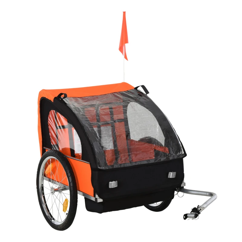 Aosom 2-Seat Child Bike Trailer for Kids with a Strong Steel Frame, 5-Point Safety Harnesses, & Comfortable Seat, Orange