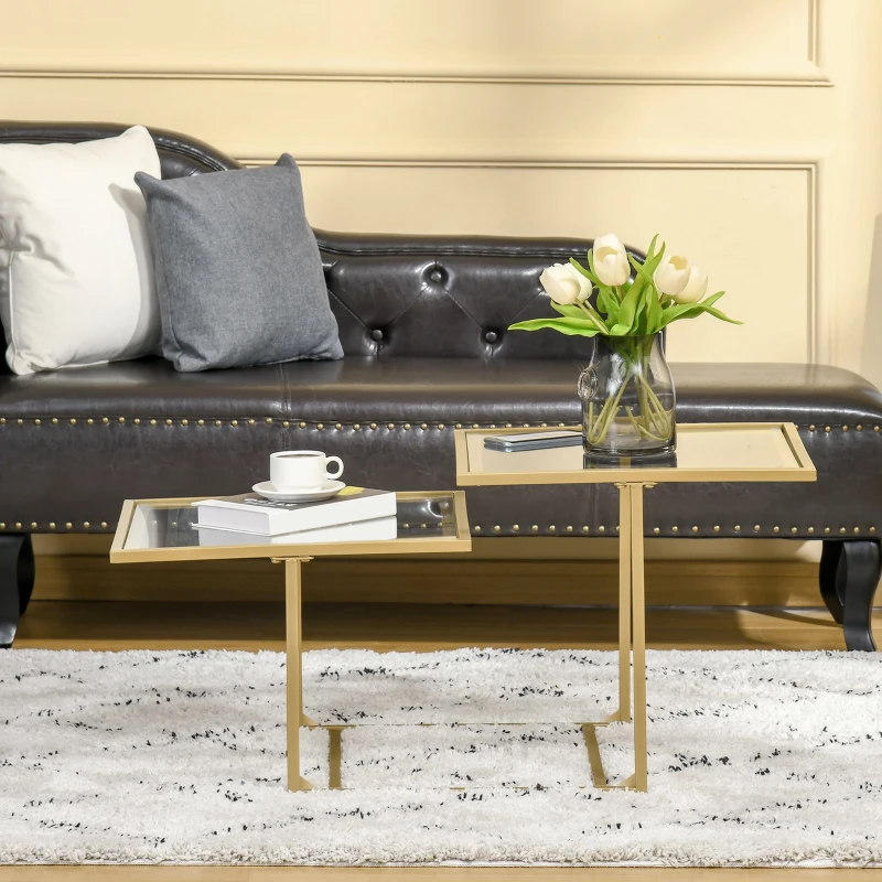 HOMCOM Coffee Table, Tempered Glass Coffee Table with 2 Square Tabletops, Modern Coffee Tables for Living Room, Bedroom, Gold