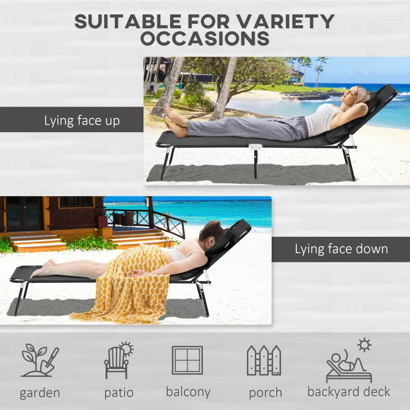 Outsunny 2PCS Adjustable Outdoor Lounge Chair, Garden Folding Chaise Lounge with Face Hole Reclining Tanning Chair Seat, Folding Camping Beach Lounging Bed w/ Head Support Black