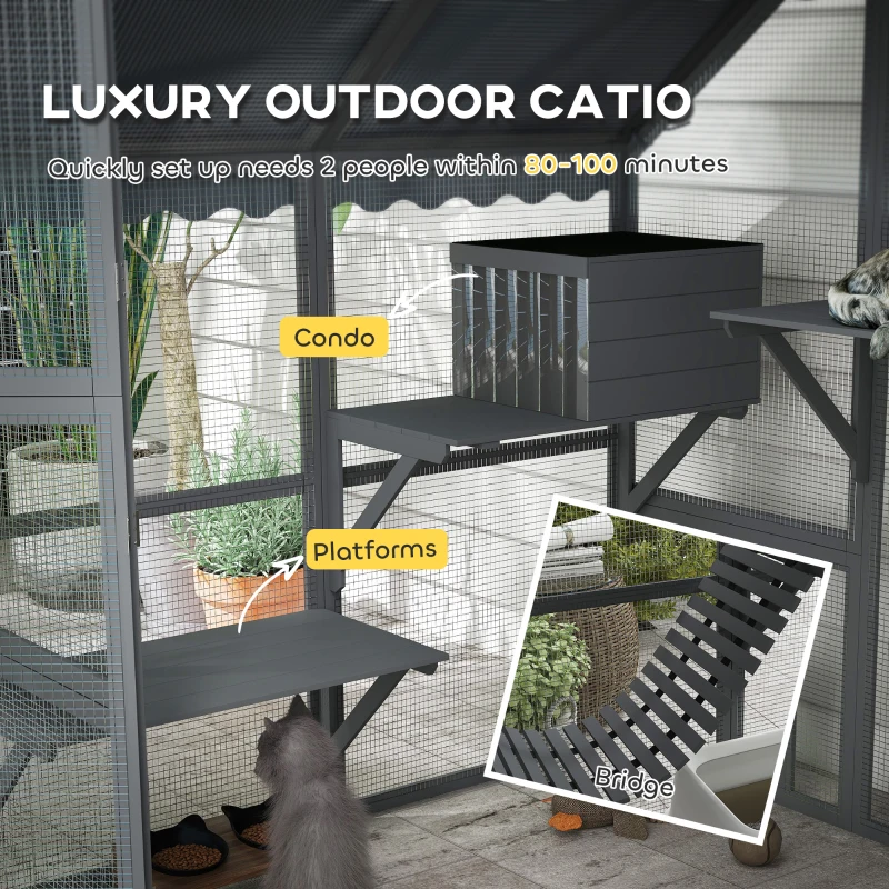 PawHut Wooden Catio Outdoor Cat Enclosure with Waterproof Cover, 2 Condos, 4 Platforms, Bridge, Doors, Gray