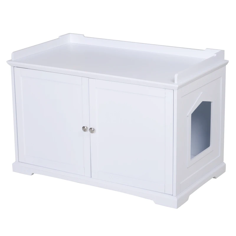 PawHut 37.5" Wooden Covered Mess Free Cat Litter Box End Table Hideaway Cabinet with Storage for Accessories, White
