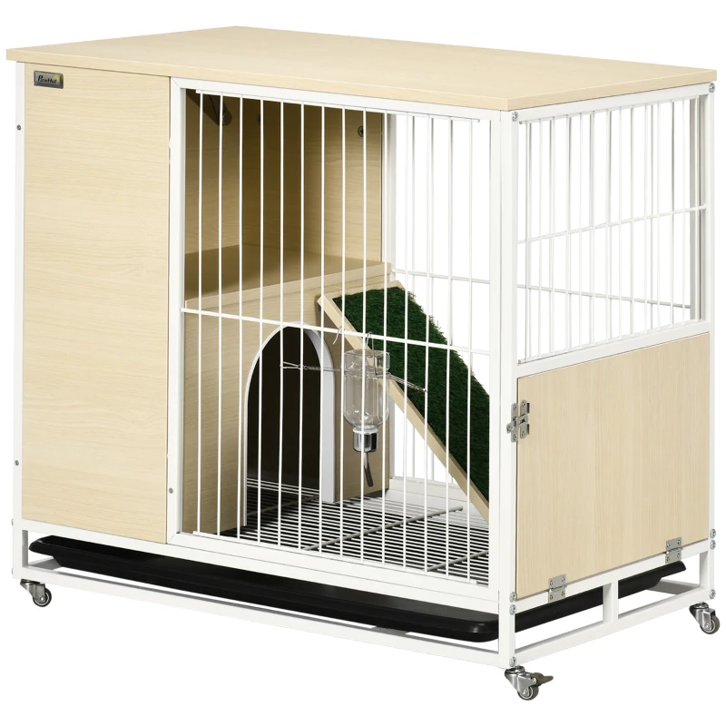 PawHut Indoor Rabbit Hutch Furniture with Wheels, Bunny Cage Side Table with Removable Tray, Water Bottle, Top Access, Oak, 31" x 21" x 30"