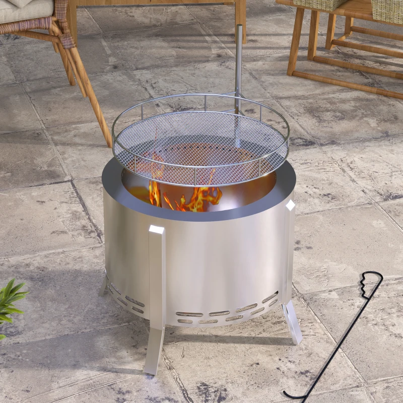 Outsunny 2-in-1 Smokeless Fire Pit BBQ Grill Portable Camping Bonfire Stove with Poker, Stainless Steel, Silver