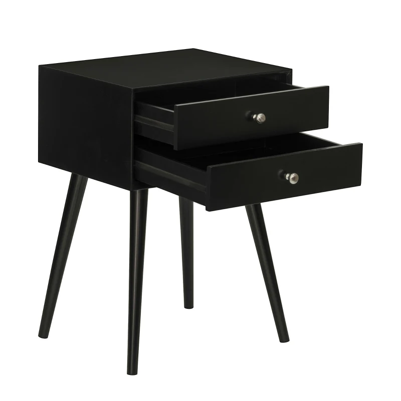 HOMCOM Side Table, Modern End Table with 2 Pull Out Drawers, Side Table with Display Tabletop and Solid Acacia Legs, Black