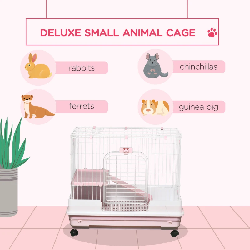 PawHut 32"L 2-Level Small Animal Cage with Universal Lockable Wheels, Pink